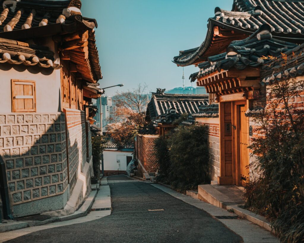 hanok village in seoul with view of n seoul tower